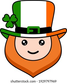 cute Irish beard face with Irish flag hat and clover leaf on white background