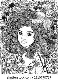 Cute Irish little girl bw vector surrounded by flowers. With a dove in her arms. Vector black and white illustration for coloring and illustration books.