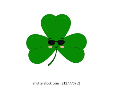 Cute irish shamrock clover in sunglasses character isolated on white background. Green good luck clover tree leaf plant kawaii mascot. Flat design cartoon style vector illustration.