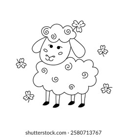 Cute Irish sheep and shamrocks. St Patricks Day symbol. Vector doodle illustration. Smiling hand drawn sheep isolated on white background. Patricks Day March 17 coloring page, design element.