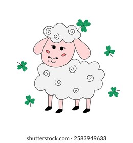 Cute Irish sheep and shamrocks. St Patricks Day symbol. Vector doodle illustration. Smiling hand drawn sheep isolated on white background. Patricks Day March 17 coloring page, design element