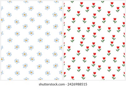 Cute Irregular Hand Drawn Floral Seamless Vector Patterns with Daisies and Tulips. Tiny Childish Drawing-like Blue and Red Flowers on a White Background. Infantile Style Floral Repeatable Print. RGB.