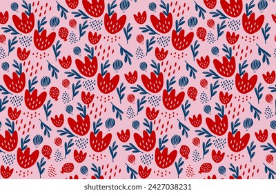 Cute Irregular Hand Drawn Floral Seamless Vector Patterns with Red Tulips.Tiny Childish Drawing-like Red Flowers and Blue Twigs on a Light Pink Background. Infantile Style Floral Repeatable Print.RGB.