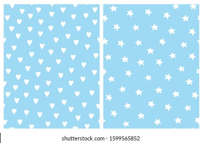 Cute Irregular Seamless Vector Patterns with White Hand Drawn Hearts and Stars Isolated on a Light Blue Background. Simple Infantile Style Vector Print Ideal for Fabric, Textile, Wrapping Paper.