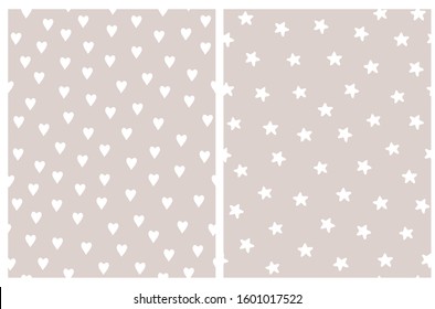 Cute Irregular Seamless Vector Patterns with White Hand Drawn Hearts and Stars Isolated on a Light Warm Gray Background. Simple Infantile Style Vector Print Ideal for Fabric, Textile, Wrapping Paper.