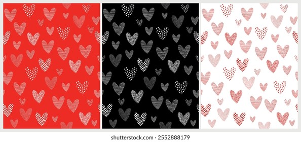 Padrão de vetor irregular bonito com corações desenhados à mão em um fundo vermelho, preto e branco. Engraçado Infantil Impressão sem Fim com Corações. Padrão de Dia dos Namorados com Corações de Doodle. 