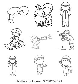 Cute Islamic boy character illustrations showing Ramadan activities like praying, washing, and celebrating. Vector set for Eid greetings, educational materials, and children's books.