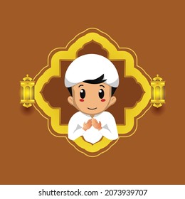 Cute islamic boy praying with golden lantern design