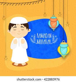 Cute Islamic Boy in Traditional Outfits Praying on Lanterns decorated background for Holy Month of Muslim Community, Ramadan Mubarak, Elegant Greeting Card Design.