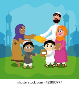 Cute Islamic family wishing and giving gifts to each others on occasion of Islamic Festivals in front of Mosque.