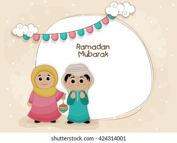 Cute Islamic Girl and Boy in Traditional Outfits, holding Lantern, Beautiful Greeting Card for Holy Month of Muslim Community Festival, Ramadan Kareem Celebration.