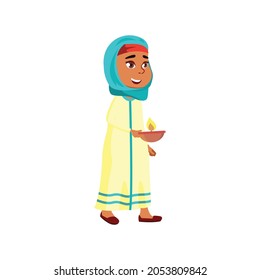 cute islamic girl carrying candle in mosque cartoon vector. cute islamic girl carrying candle in mosque character. isolated flat cartoon illustration
