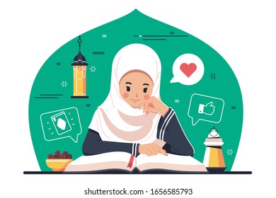 Cute Islamic Girl Character Reading Quran