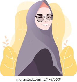 Cute Islamic Girl Smilling Cartoon In Flat Illustrator