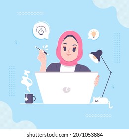 cute islamic hijab girl graphic designer character illustration