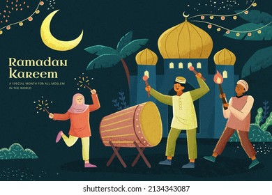 Cute Islamic holiday illustration with young children celebrating around on street in the evening. Concept of Hari Raya or Eid al-Fitr.