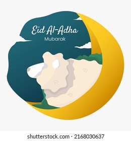 Cute islamic illustration of eid al adha mubarak sheep, goat with moon. Hajj mubarak, muslim holiday. Used for greeting, card, background, template, symbol and sign.