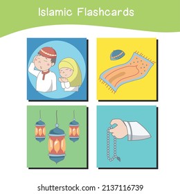 Cute Islamic image flashcards. Islamic flashcards collections. Colorful printable flashcards for preschool Educational printable game cards. Vector illustration.