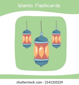 Cute Islamic image flashcards. Islamic flashcards collections. Colorful printable flashcards for preschool Educational printable game cards. Vector illustration.