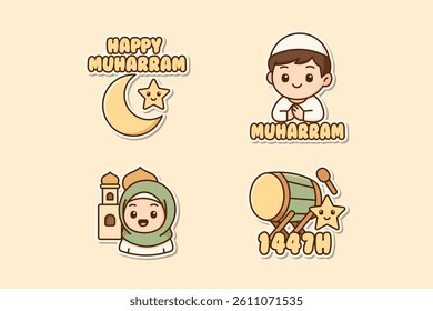 Cute Islamic Muharram Stickers with Kids, Mosque, Drum, and Moon