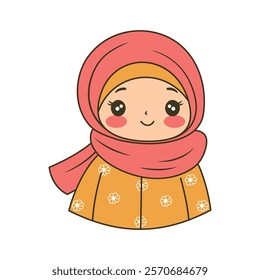 Cute Islamic Muslim Girl Cartoon Character Wearing Pink Hijab While Smiling