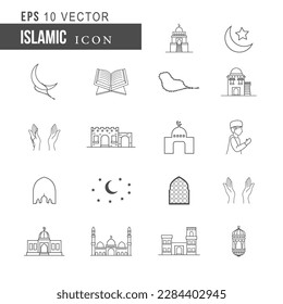 Cute Islamic outline icon for ramadan, eid. Includes icons as Muslim, mosque, pray, religion