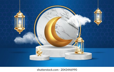 Cute islamic podium with fluffy clouds, gold crescent moon and lanterns hanging on dark blue background. Horizontal islamic banner template for product presentation. Flat cartoon vector illustration