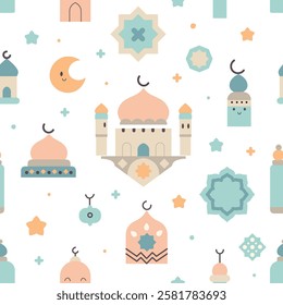 Cute islamic ramadan seamless pattern on white background. Cartoon islamic background. Use for prints, textiles, fabric, wallpaper, stationery, nursery, wrapping paper, etc. Vector illustration