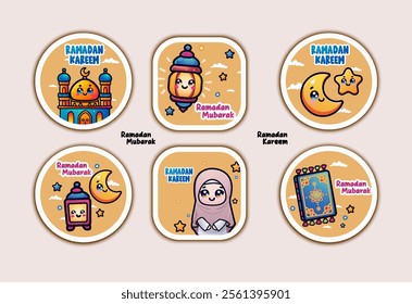 Cute Islamic Ramadan stickers with mosques, lanterns, crescent moons, stars and the qur'an