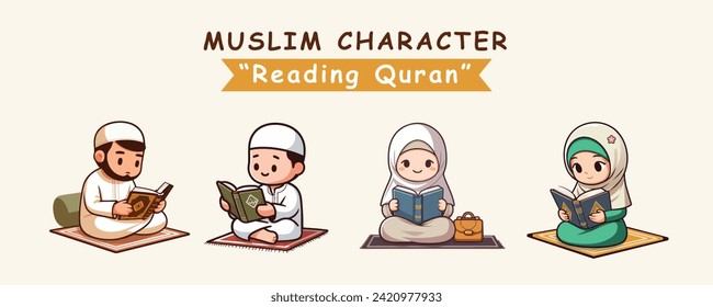 Cute islamic set character reading quran , vector illustration ramadan
