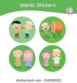 Cute Islamic sticker images. Islamic sticker collections. Colorful printable sticker for preschool. Colorful flashcards. Vector illustration.