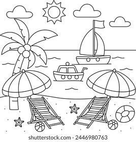 Cute island beach summer cartoon coloring page vector illustration