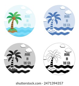 cute island in the sea with sunny sky circle badge, vector illustration