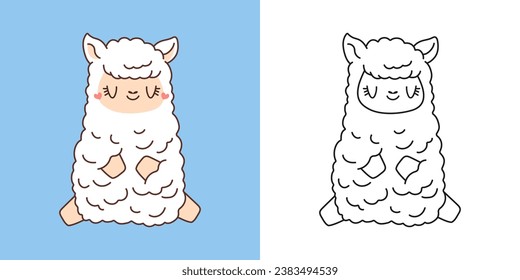 Cute Isolated Alpaca Illustration and For Coloring Page. Cartoon Clip Art Lama. Cartoon Vector Illustration of Kawaii Animal for Stickers, Prints for Clothes, Baby Shower. 