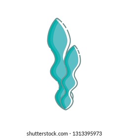 Cute isolated aquamarine seaweed. Sticker, patch, badge, pin or tattoo template. White background. Linear style illustration. Vector.