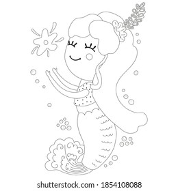 Cute isolated black and white childish illustration of a little smiling little outline mermaid girl with long hair catching a starfish. For baby coloring page, print. Vector.