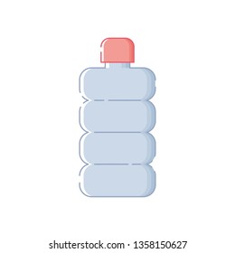 Cute isolated blue plastic bottle with red cap. White background. Flat linear style illustration. Vector.