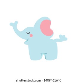 Cute isolated blue smiling elephant with pink cheeks. Sticker, patch, badge, pin or tattoo. White background. Doodle style illustration. Vector.