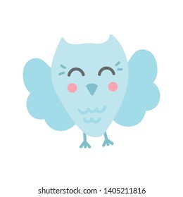 Cute isolated blue smiling owl with pink cheeks. Sticker, patch, badge, pin or tattoo. White background. Doodle style illustration. Vector.