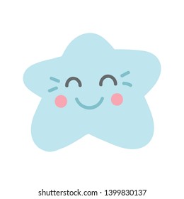Cute isolated blue smiling star with pink cheeks. Sticker, patch, badge, pin or tattoo. White background. Doodle style illustration. Vector.