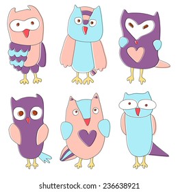 Cute isolated cartoon owls in vector. Stylish concept childish card in bright colors. 