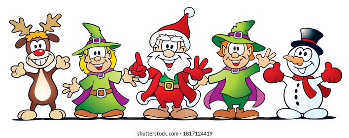 cute isolated cartoon scene with santa, snowman, reindeer and elves waving and wishing merry Christmas at all people