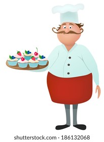 Cute isolated chef baker with mustache with a delicious strawberry, cherry and blueberry creamy cupcakes on the plate. Character design cartoon vector illustration