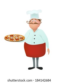 Cute isolated chef cook with mustache with a delicious pizza on the plate. 