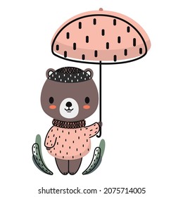 Cute isolated childish illustration. Cartoon cute beaver under a pink umbrella on a white background. For a poster in a nursery, a baby shower, a print on clothes. Vector.
