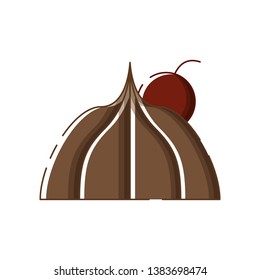 Cute isolated chocolate candy with a cherry. Sticker, patch, badge, pin or tattoo. White background. Flat linear style illustration. Vector.