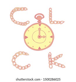 Cute isolated clocks with chain lettering. White background. Hand drawn doodle style vector illustration.