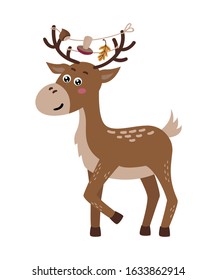Cute isolated deer on a white background. Childish design for birthday invitation, poster, clothing, nursery wall art and card.