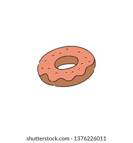 Cute isolated donut illustration, doodle style pastry dessert with sprinkles. Pink icing on delicious snack food, simple flat vector on white background.