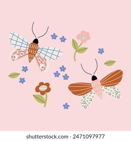 Cute isolated elements of butterflies, flowers and foliage on a soft pink background. 